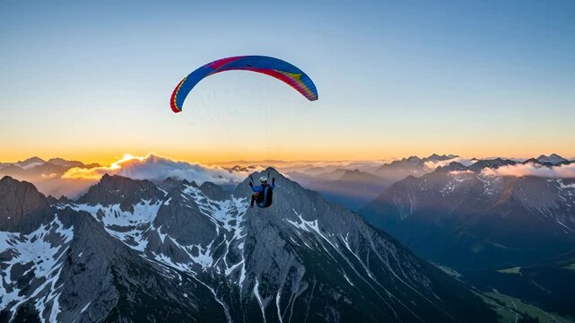 Paraglider Soaring Above Majestic Sunset Mountains - A paraglider enjoys a breathtaking flight over a snow-capped mountain range at sunset.