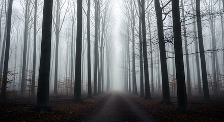 Fototapeta premium A mysterious, foggy forest path lined by tall, bare trees in a muted, atmospheric landscape.
