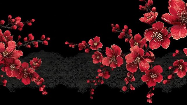 Red flowers with gold outline and buds on branches with a dark lace pattern background