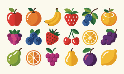 Fresh and Colorful Fruit Vector Icons for Healthy Food, Market, and Nutrition Designs. Bold Flat Vector Shapes, Clean Modern Style, Professional Design.