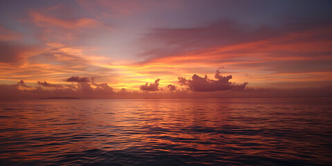 Naklejka premium Sunset Over Calm Ocean with Vibrant Orange and Pink Clouds Reflecting on Water