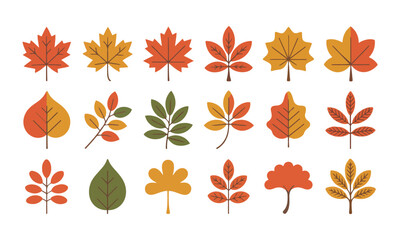 Vibrant Autumn Leaf Vector Icons in Red, Orange, and Yellow for Seasonal Designs. Bold Flat Vector Shapes, Clean Modern Style, Professional Design.