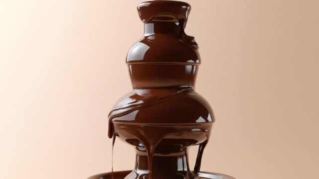 Chocolate fountain with flowing chocolate, set against a soft beige background, ideal for dessert events
