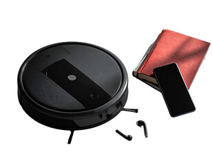 Minimalistic Studio Shot of Robot Vacuum with Tech Accessories