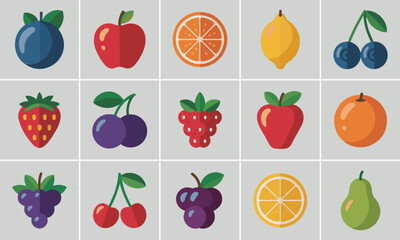 Vibrant Vector Fruit Icons Collection – Strawberry, Orange, Apple & More, Healthy Food Design, Bold Flat Vector Shapes, Clean Modern Style, Professional Design.