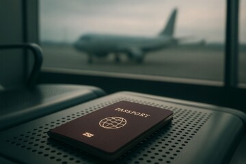 Passport Closeup with Airplane on Runway in Background