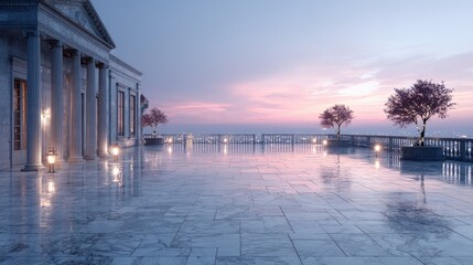 Temple Rooftop Terrace Overlooking City at Sunset with Pink Sky and Wet Reflections in Cinematic HDR Style
