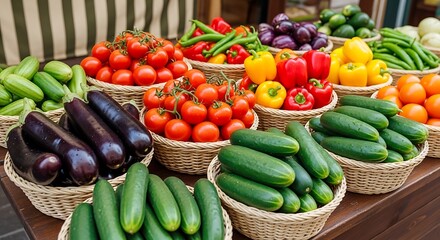 Colorful Fresh Vegetables in Baskets at Farmers Market Stand