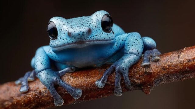 Striking blue frog with black spots sits on a textured branch with black background