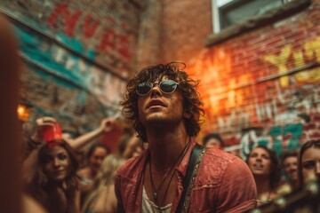 Fototapeta premium Energetic Live Music Performance in Urban Alleyway with Fans