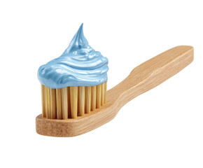 Light blue toothpaste on a light brown wooden toothbrush