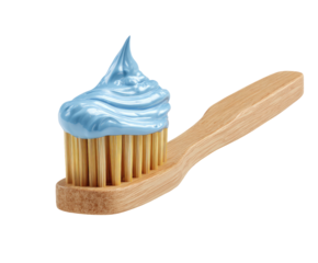Light blue toothpaste on a light brown wooden toothbrush