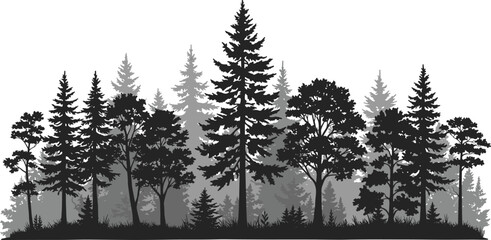 Forest silhouette landscape, layered tree illustration, black and gray foliage scene, coniferous and broadleaf trees, editable nature vector, woodland background