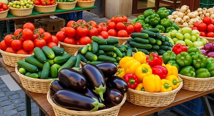 Fresh Vegetables Displayed in Woven Baskets at Outdoor Market