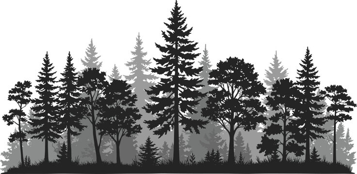 Forest silhouette landscape, layered tree illustration, black and gray foliage scene, coniferous and broadleaf trees, editable nature vector, woodland background