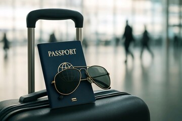 Black suitcase with passport and sunglasses – travel essentials lifestyle