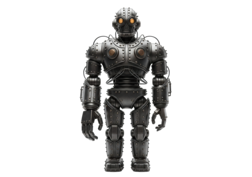 A retro-futuristic humanoid robot made of dark steel with rivets & exposed hydraulics stands still on a transparent studio background with soft shadows, bright studio lighting. Vintage industrial