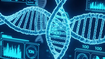 Luminous blue DNA double helix integrated with abstract digital data interfaces, symbolizing advanced genetic research, biotechnology, and data-driven scientific innovation in genomics - Powered by Adobe