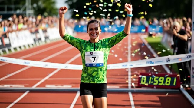 Winning Runner Celebrates Victory at Track Race - A female runner crosses the finish line, arms raised in triumph, amidst a shower of confetti.