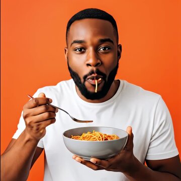 appy young Black man eating a bowl of spaghetti pasta with a fork on an orange studio background