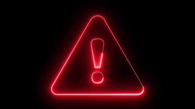 Neon warning attention icon animation glowing neon red color danger risk alert neon error stop signal problem sign symbol with black background