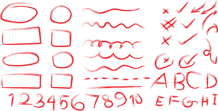 Hand Drawn Red Correction Marks Shapes Letters and Numbers for Editing