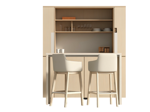 Modern kitchen bar with light beige cabinets and stools