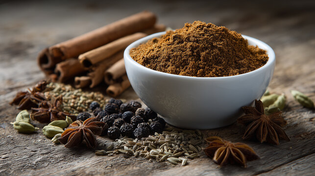 garam masala, A close-up of a white bowl piled with ground cinnamon surrounded by an assortment of spices&mdash;cardamom, star anise, cloves, fennel, and seeds&mdash;capturing warm aroma, rich flavor, and rustic 