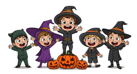 Five cheerful children in various Halloween costumes, including witches and a green creature, joyfully posing with carved pumpkins on a white background.