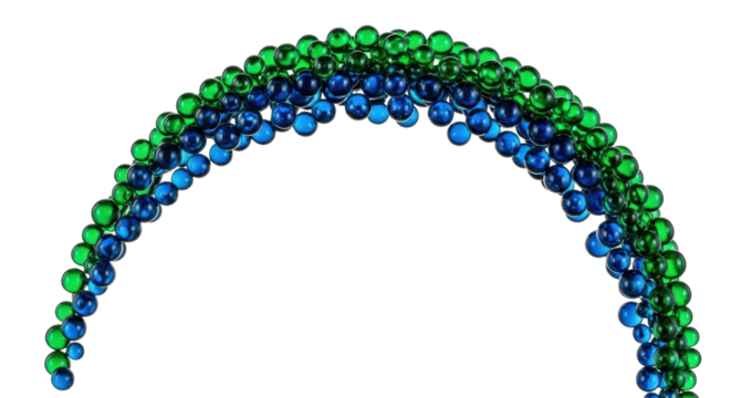 Luminous emerald green and sapphire blue liquid droplets, spherical, reflective, arcing cascade on transparent background with copy space, captivating scientific fluidity