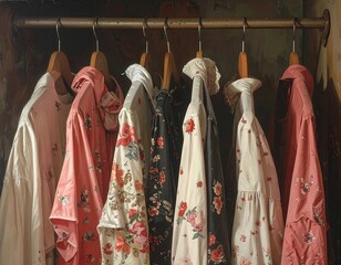 Vintage floral blouses displayed in a wardrobe