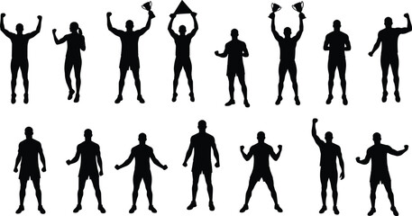 Victory and confidence silhouette set, cartoon men holding trophies, raising arms, standing strong, vector illustration, achievement, success, motivation, sports award
