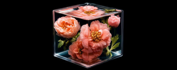 Flowers encased in a transparent cube display.