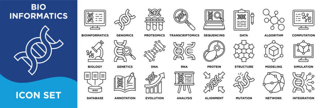 Bio informatics icon collection set. Containing bioinformatics, genomics, proteomics, transcriptomics, sequencing, data icon. Simple line vector.	