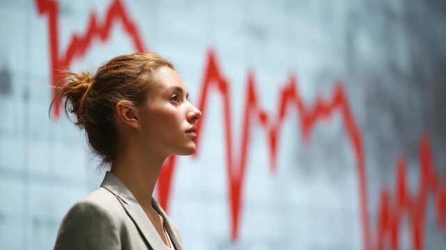 Market Downturn: A woman observes the market downturn, symbolizing concerns about economic changes and the financial environment.