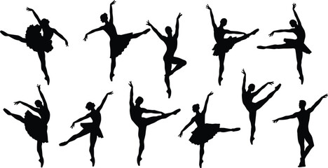 Ballet dancer silhouette set, classical poses, arabesque, pirouette, attitude, cartoon vector illustration, elegance, flexibility, dance movement, performance art © Momotaj Contributor