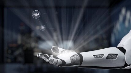 A robotic arm reaches out toward a digital interface showcasing various business concepts and data analytics in a sleek office setting, symbolizing technological advancement. Synapse - Powered by Adobe