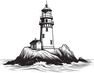 Vintage Lighthouse on Rocky Coastline Illustration