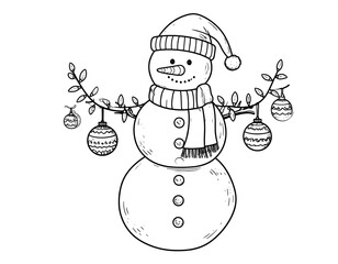 Winter wonderland snowman sketch with ornaments