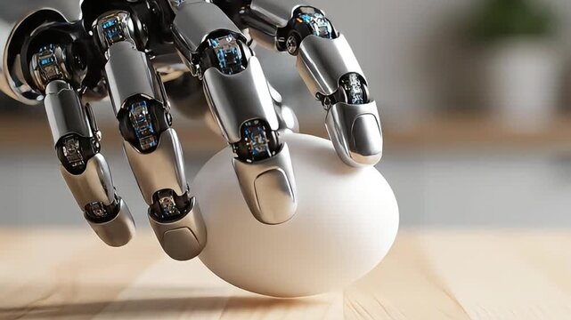 Robotic hand grasping egg in kitchen close-up action modern technology domestic environment innovative perspective