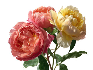 Close-up of three vibrant peonies