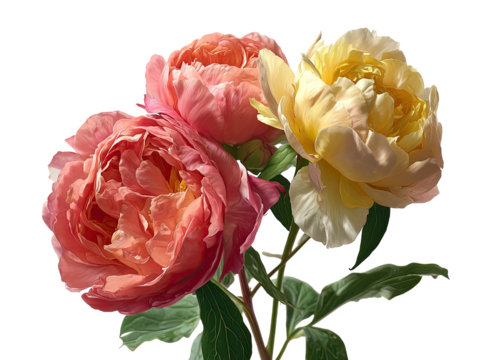 Close-up of three vibrant peonies