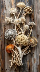 Ornamental, dried flower arrangement on wood