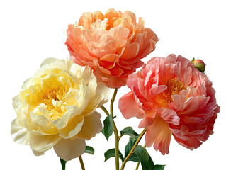 Three vibrant peonies in soft, pastel shades