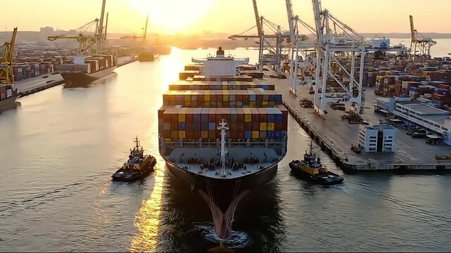 Tugboats assisting container ship port city aerial view sunset maritime industry navigation concept