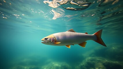 Fototapeta premium Underwater scene of trout swimming in a clear river with natural light creating a serene aquatic atmosphere. 