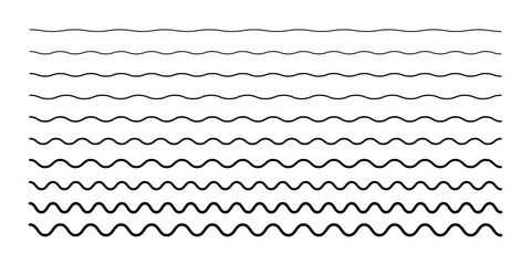 A set of simple horizontal wavy lines underlining, highlighting, isolated on a white sign of water, sine, wave, vector. Abstract graphic element, black silhouette for design, decoration, border