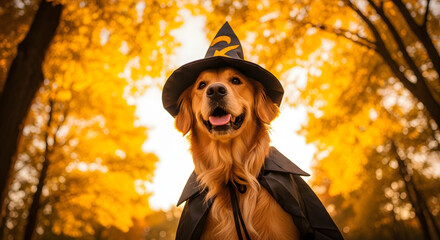 A happy Golden Retriever dog wearing a witch costume with a hat and cape in a beautiful autumn forest.