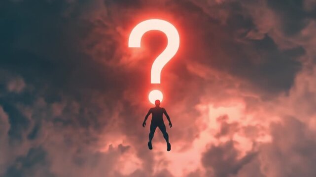 Silhouette of a person standing against a dramatic sky with a large question mark, symbolizing uncertainty