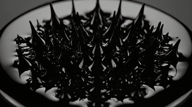 Dynamic ferrofluid patterns laboratory visual experimentation controlled environment close-up fluid dynamics